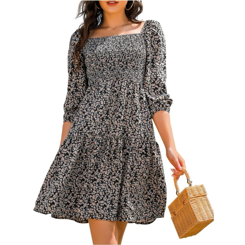 NEW Boho Black Floral Square Neck Smocked Elastic Dress | Puff Sleeves (M)